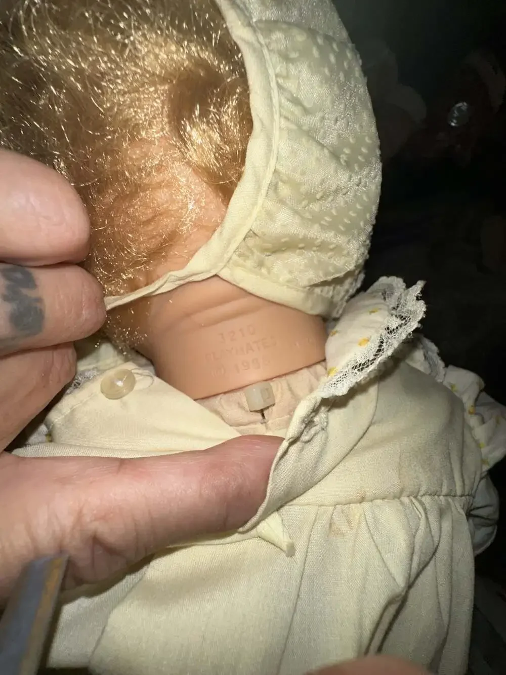 Vintage 1986 Playmates Toys Inc. Baby Doll Model 3210 with Lace Bonnet and Dress